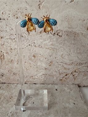 Gold Bee Stud Earrings | Blue Yellow Accent Fine Jewelry Butterfly Back Studs